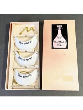 Vintage Shafford 3 White Porcelain Wine Markers Original Box Japan This Wine Is
